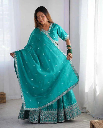 Dark Aqua Blue Sequins Embroidery Work Lehenga With Dupatta