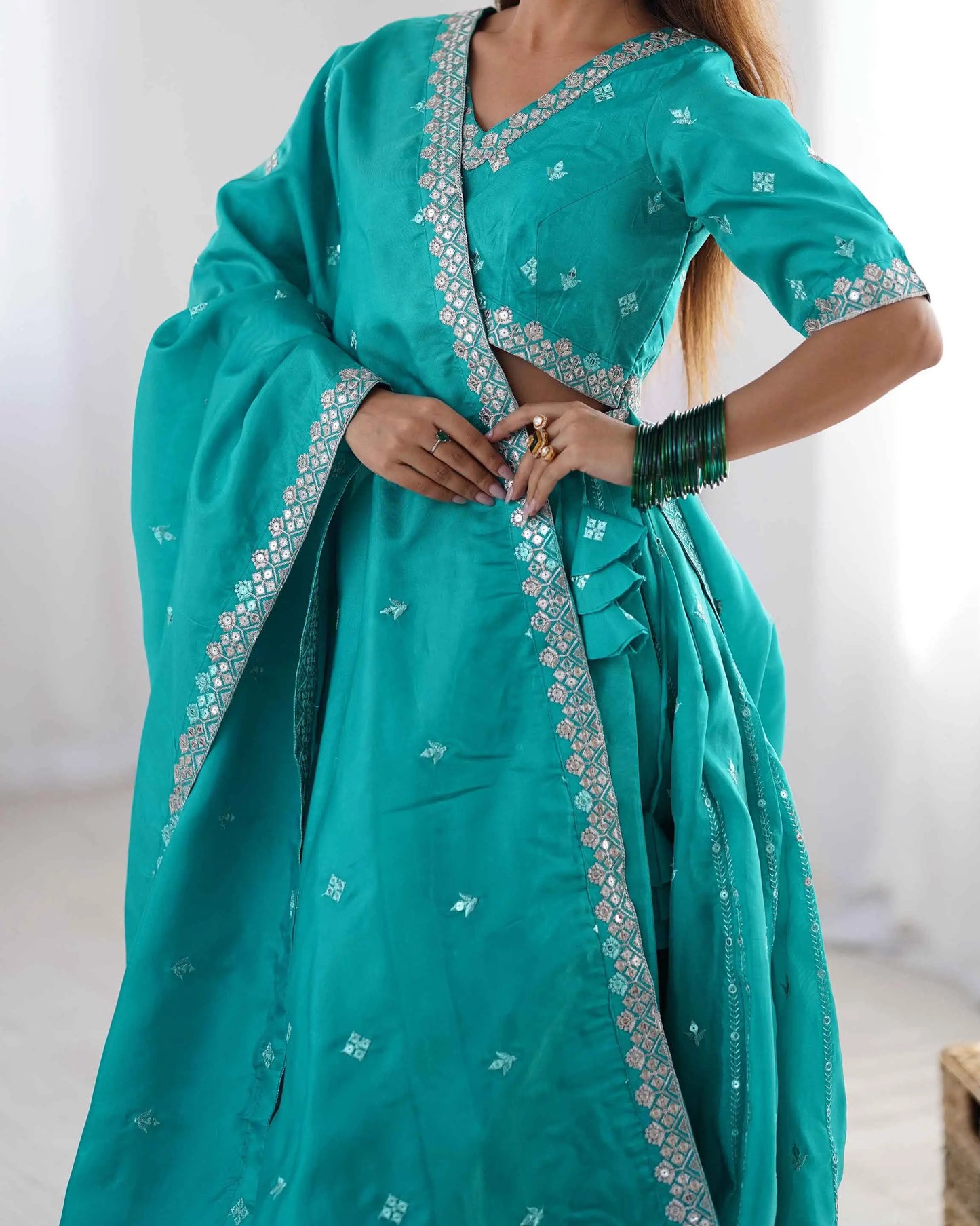 Dark Aqua Blue Sequins Embroidery Work Lehenga With Dupatta