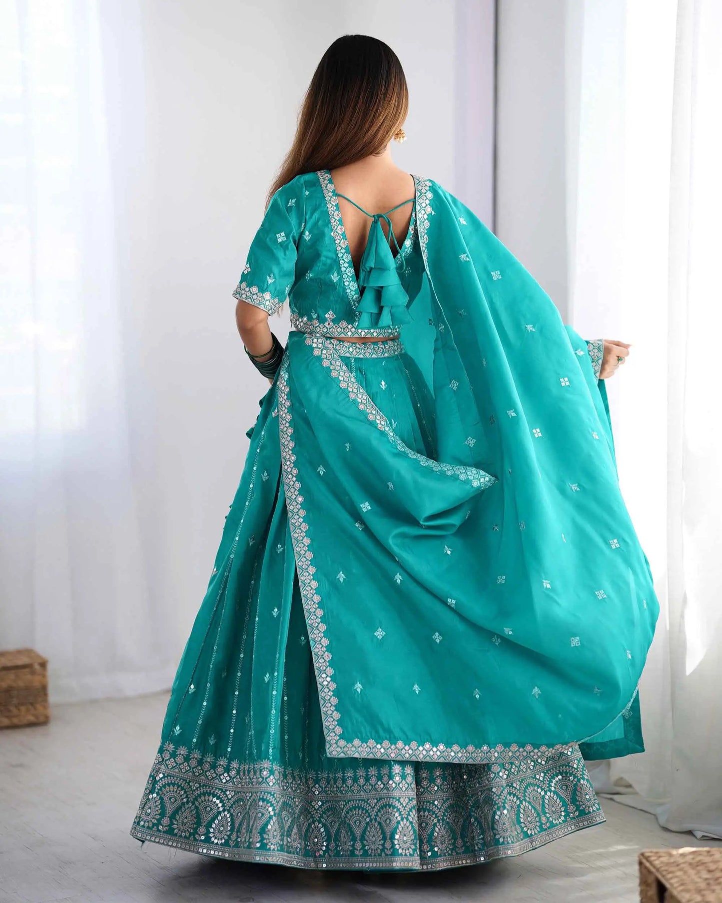 Dark Aqua Blue Sequins Embroidery Work Lehenga With Dupatta
