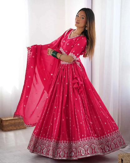 Red Pink Sequins Embroidery Work Lehenga With Dupatta