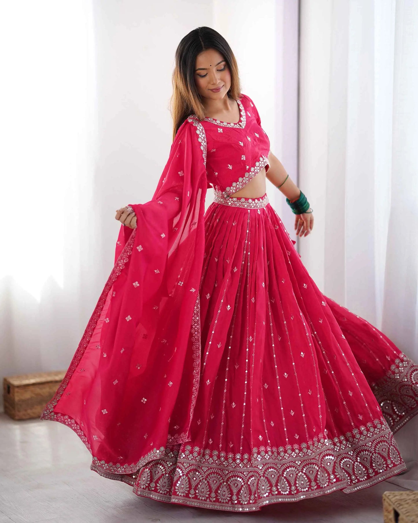 Red Pink Sequins Embroidery Work Lehenga With Dupatta