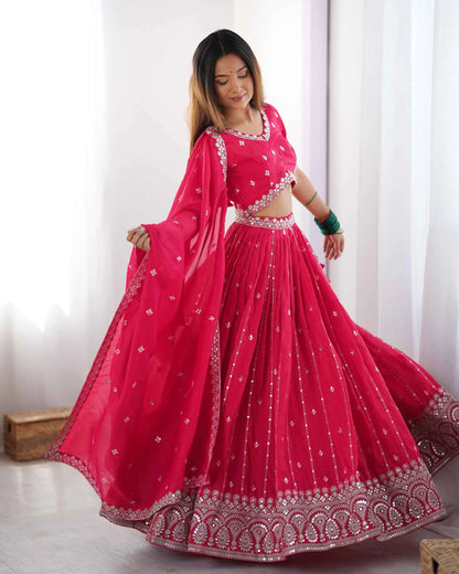 Red Pink Sequins Embroidery Work Lehenga With Dupatta