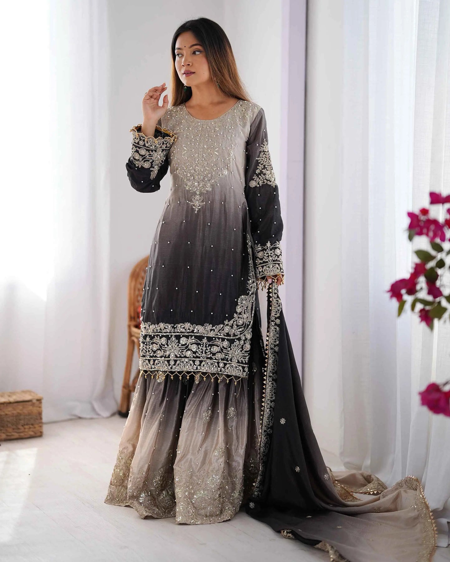 Black Grey Cording Sequins Work With Rivet Moti Sharara Set With Dupatta