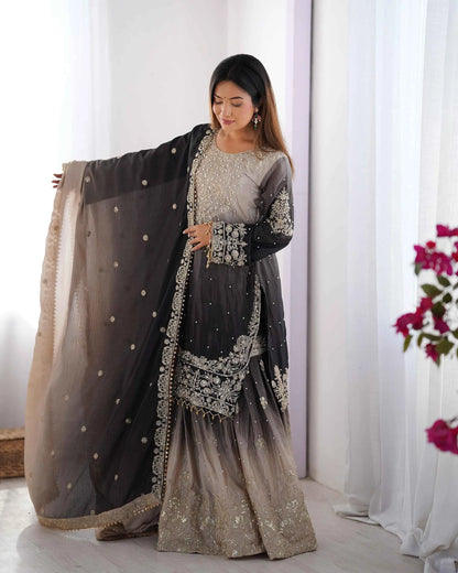 Black Grey Cording Sequins Work With Rivet Moti Sharara Set With Dupatta