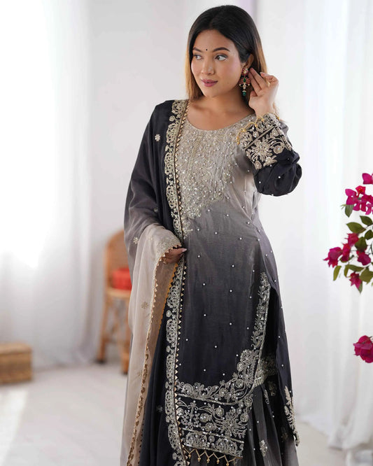 Black Grey Cording Sequins Work With Rivet Moti Sharara Set With Dupatta