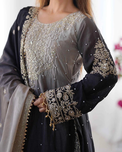 Black Grey Cording Sequins Work With Rivet Moti Sharara Set With Dupatta
