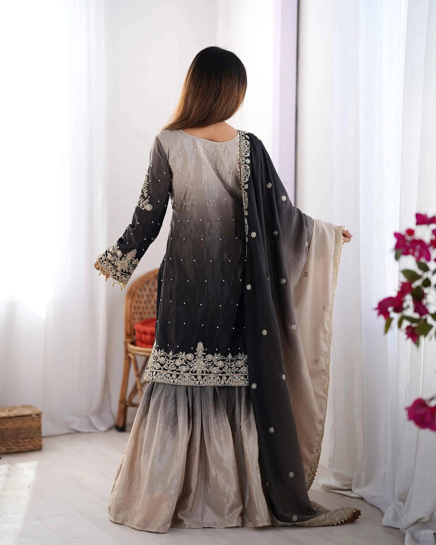 Black Grey Cording Sequins Work With Rivet Moti Sharara Set With Dupatta