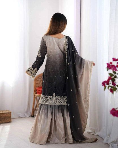 Black Grey Cording Sequins Work With Rivet Moti Sharara Set With Dupatta