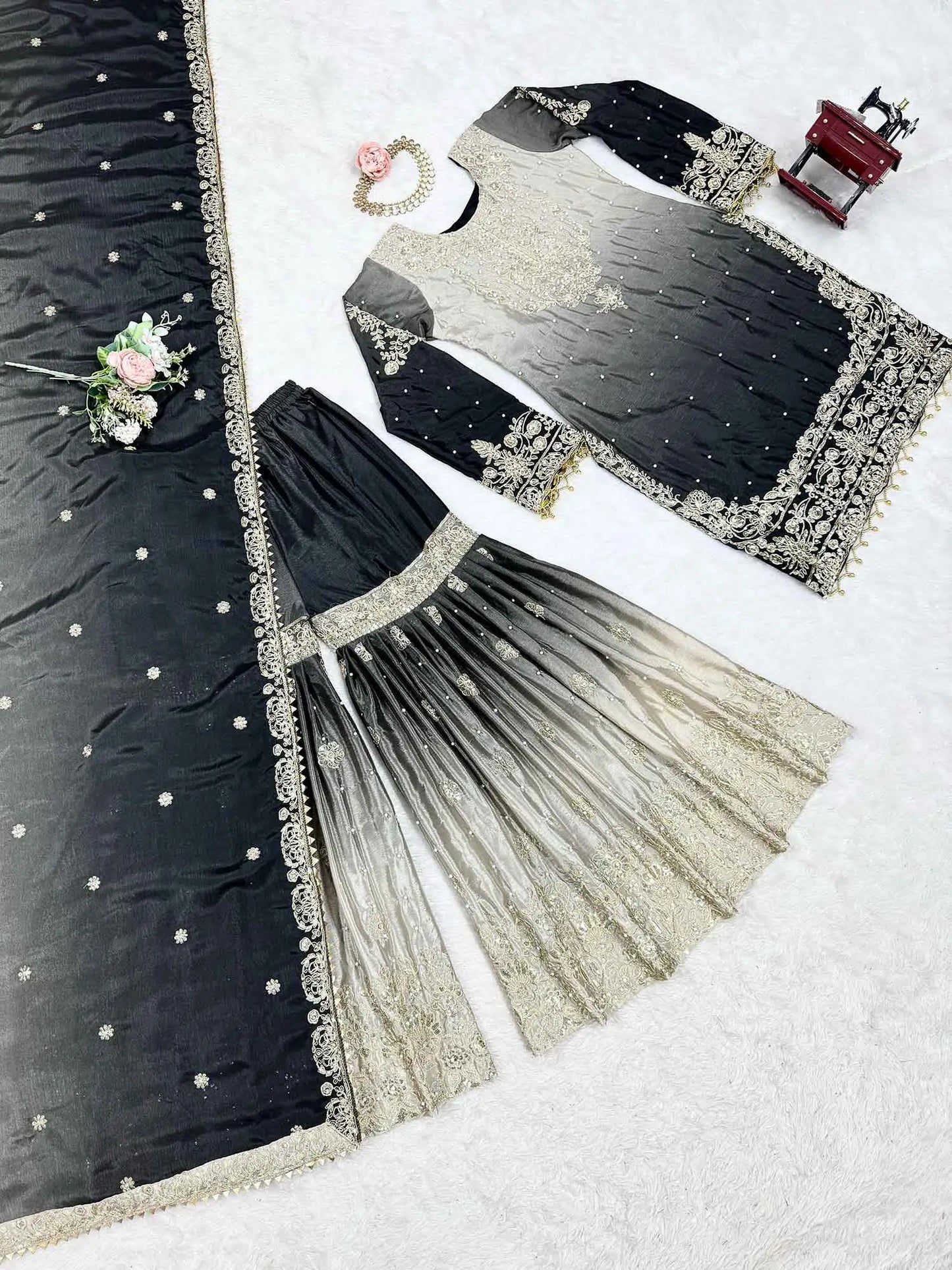 Black Grey Cording Sequins Work With Rivet Moti Sharara Set With Dupatta