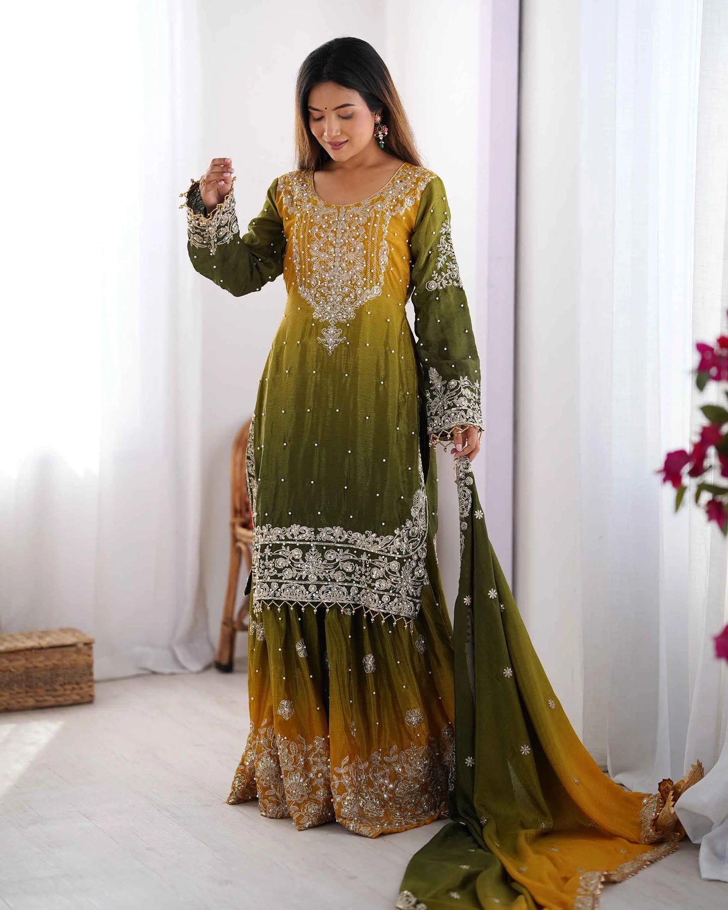 Green Cording Sequins Work With Rivet Moti Sharara Set With Dupatta