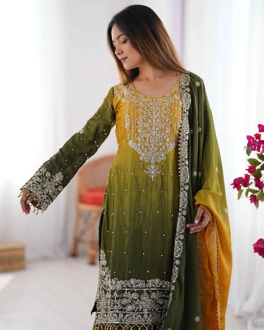 Green Cording Sequins Work With Rivet Moti Sharara Set With Dupatta