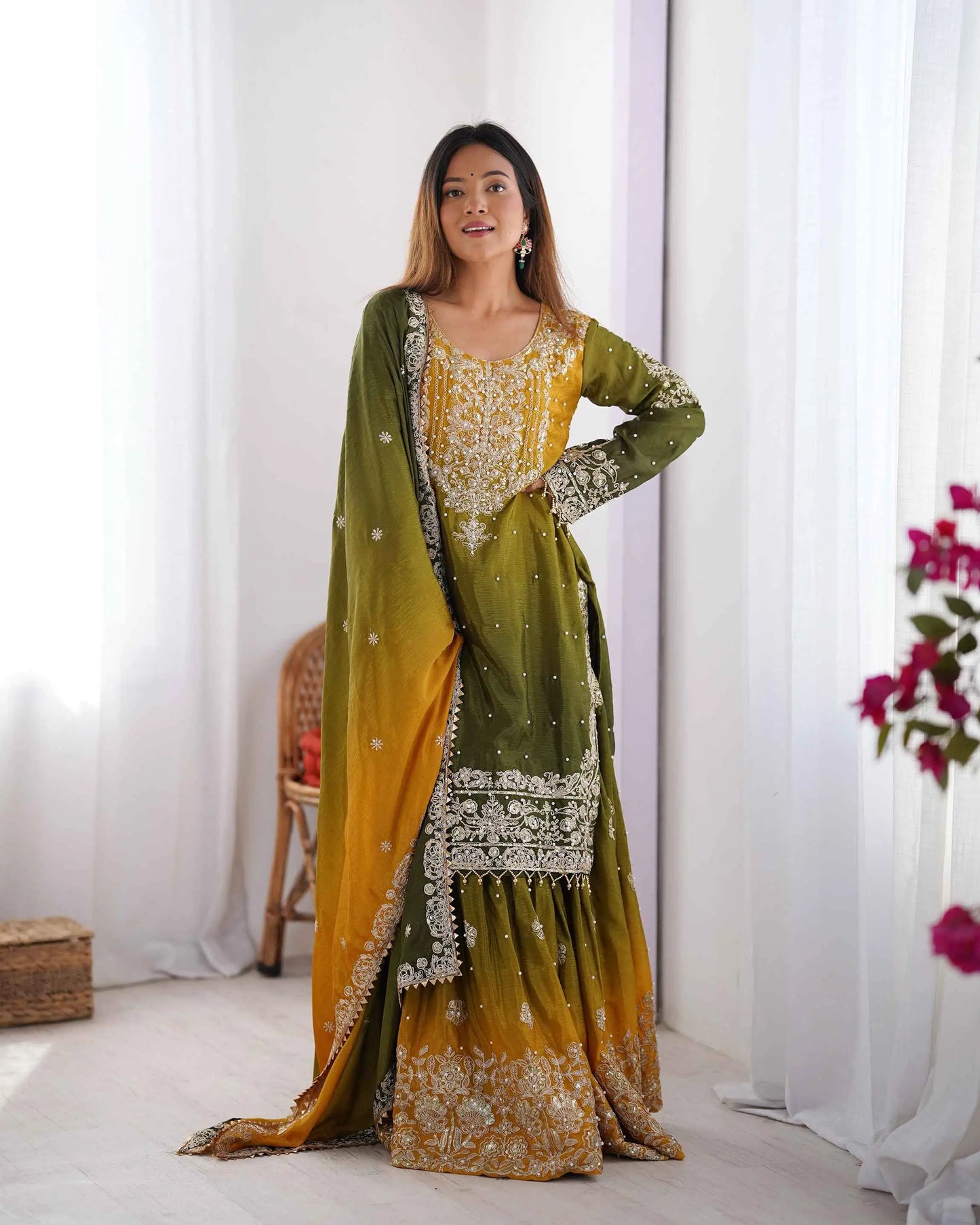 Green Cording Sequins Work With Rivet Moti Sharara Set With Dupatta