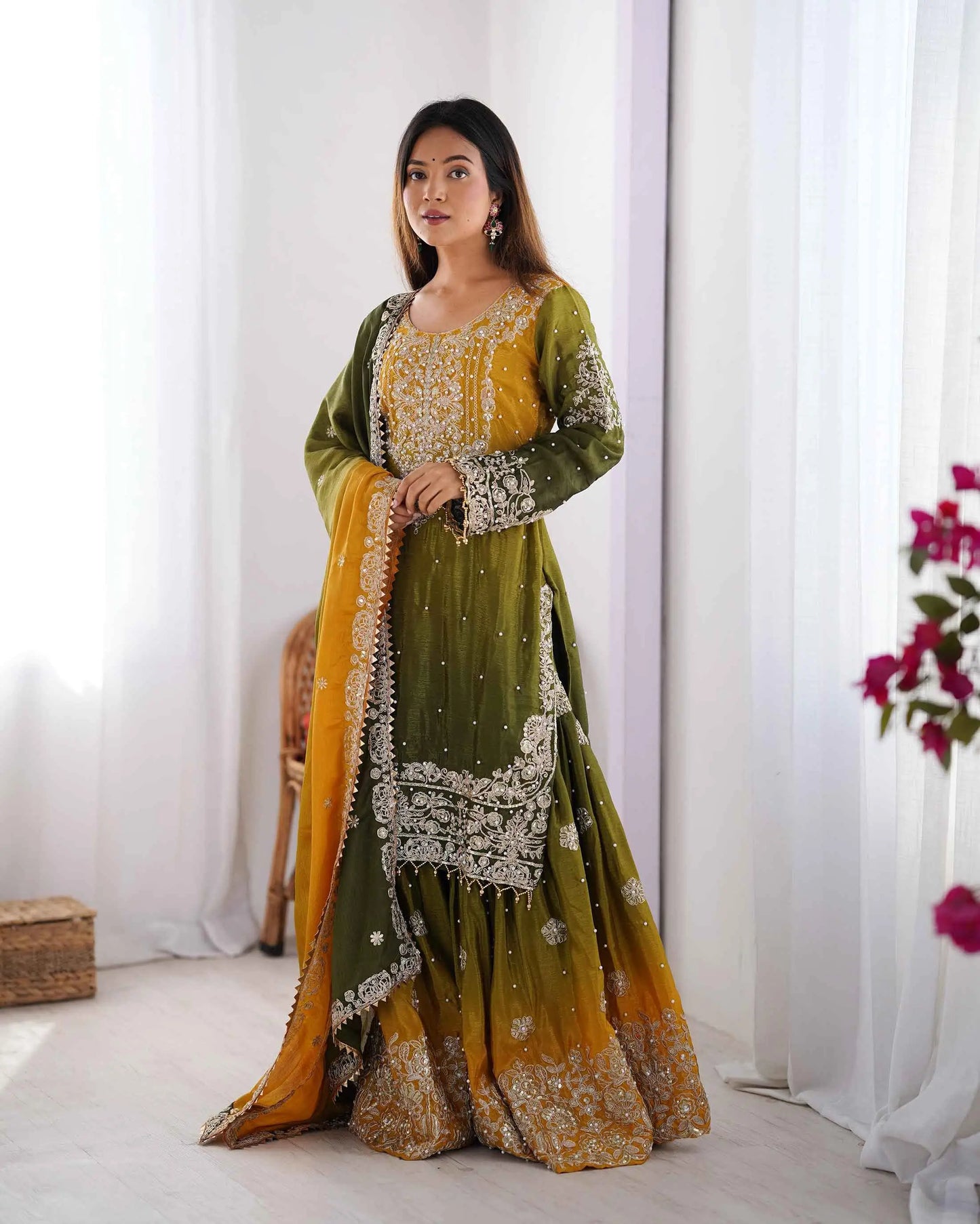 Green Cording Sequins Work With Rivet Moti Sharara Set With Dupatta