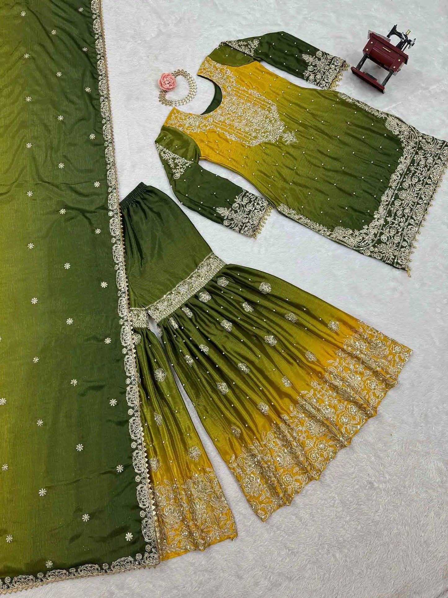 Green Cording Sequins Work With Rivet Moti Sharara Set With Dupatta