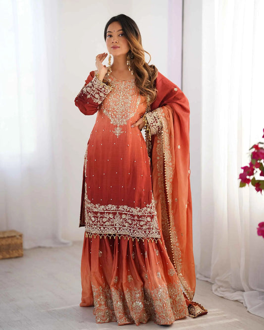 Peach Red Cording Sequins Work With Rivet Moti Sharara Set With Dupatta