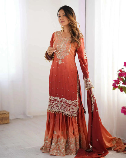 Peach Red Cording Sequins Work With Rivet Moti Sharara Set With Dupatta