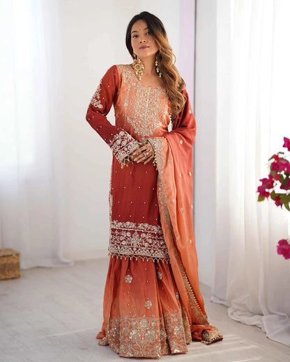 Peach Red Cording Sequins Work With Rivet Moti Sharara Set With Dupatta