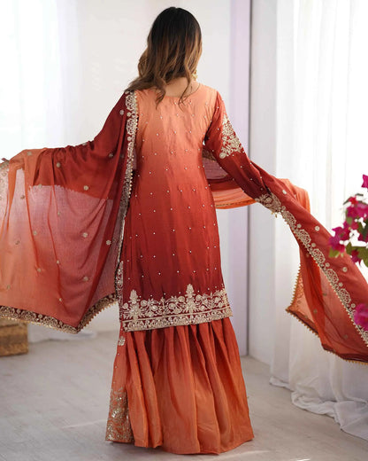 Peach Red Cording Sequins Work With Rivet Moti Sharara Set With Dupatta