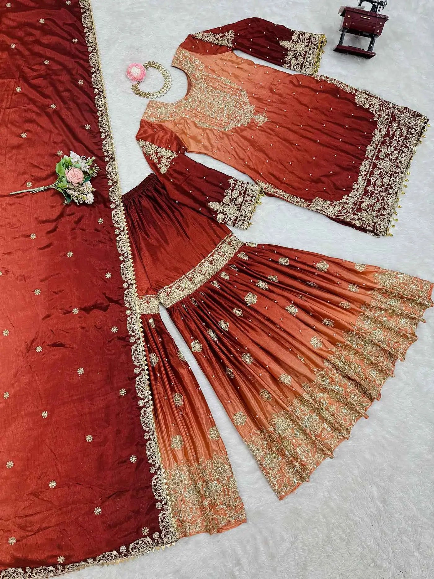 Peach Red Cording Sequins Work With Rivet Moti Sharara Set With Dupatta