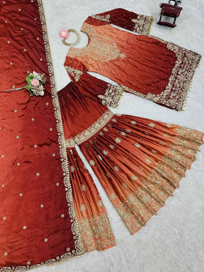 Peach Red Cording Sequins Work With Rivet Moti Sharara Set With Dupatta