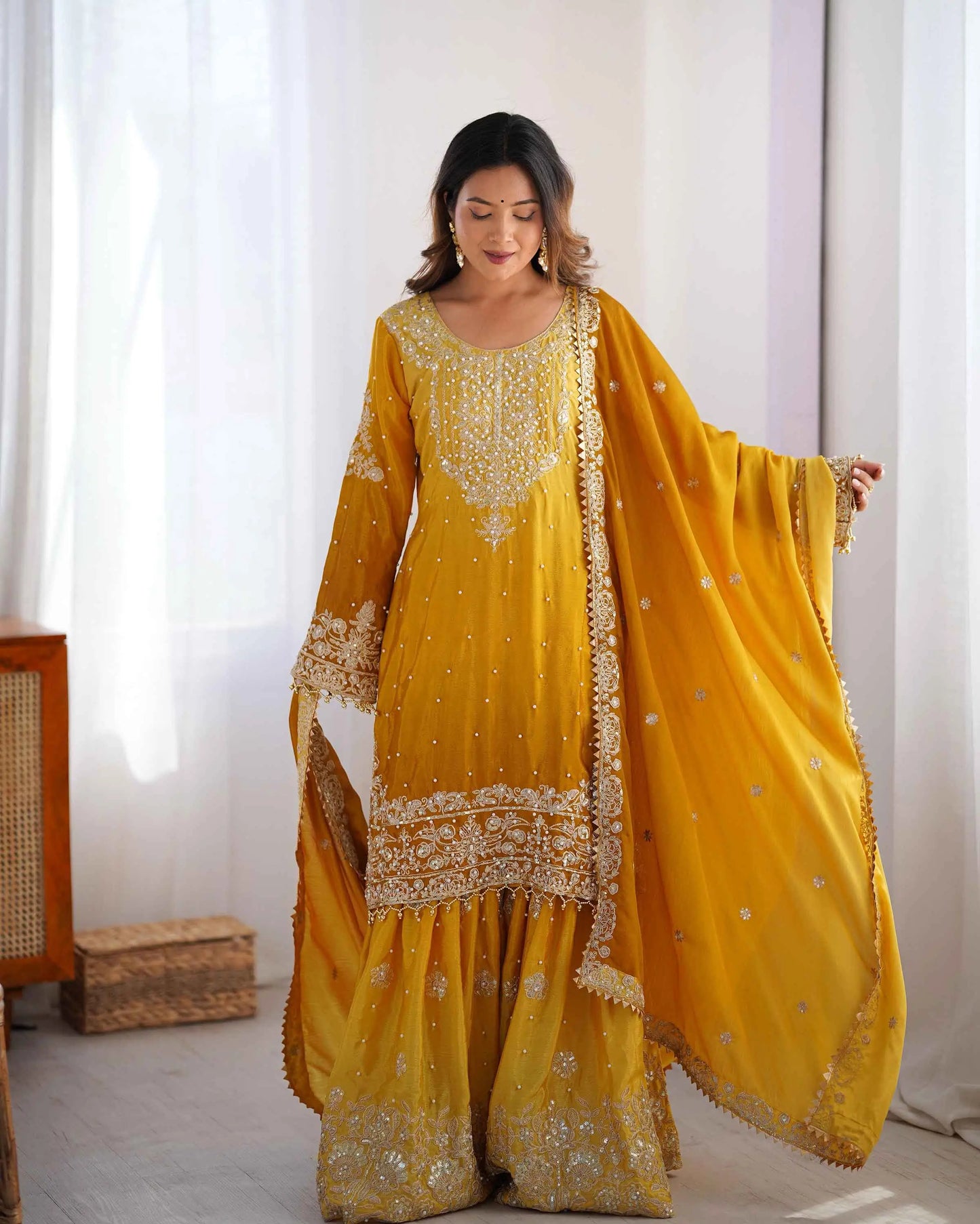 Yellow Cording Sequins Work With Rivet Moti Sharara Set With Dupatta