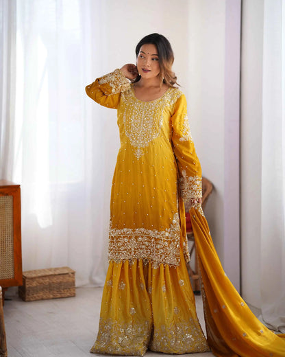 Yellow Cording Sequins Work With Rivet Moti Sharara Set With Dupatta