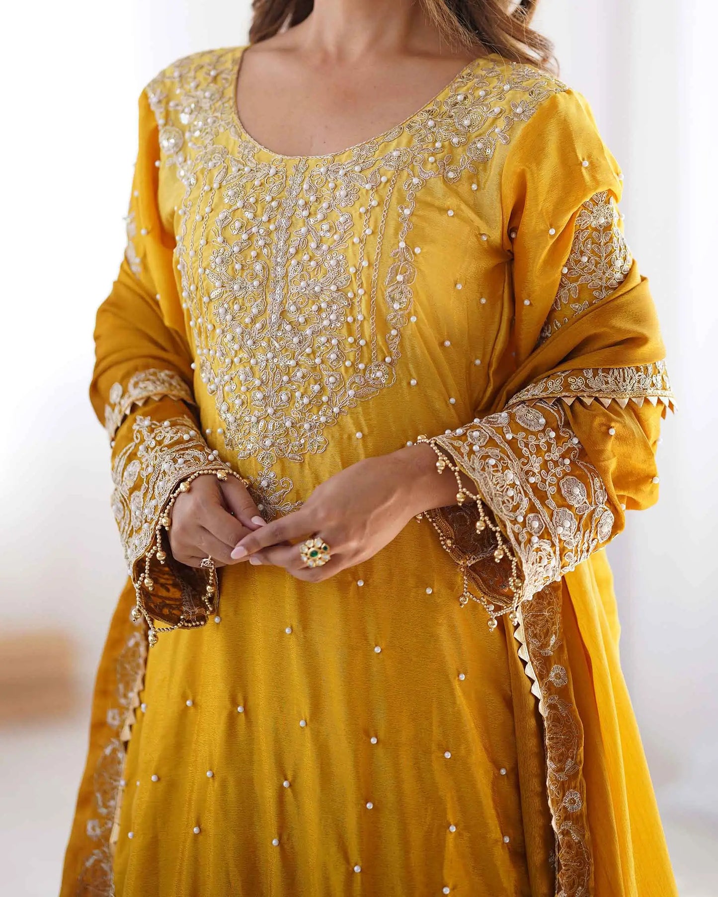 Yellow Cording Sequins Work With Rivet Moti Sharara Set With Dupatta