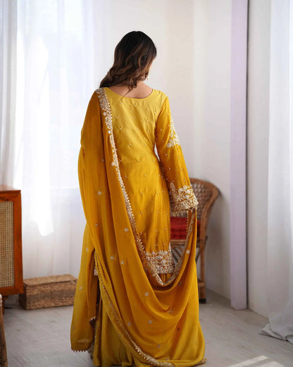 Yellow Cording Sequins Work With Rivet Moti Sharara Set With Dupatta