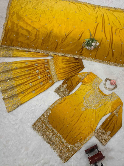 Yellow Cording Sequins Work With Rivet Moti Sharara Set With Dupatta