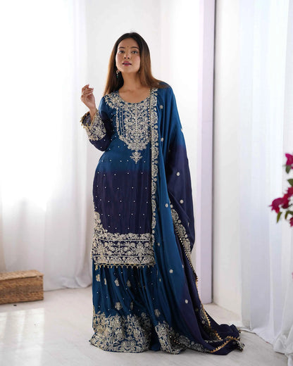 Navy Blue Cording Sequins Work With Rivet Moti Sharara Set With Dupatta