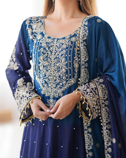 Navy Blue Cording Sequins Work With Rivet Moti Sharara Set With Dupatta