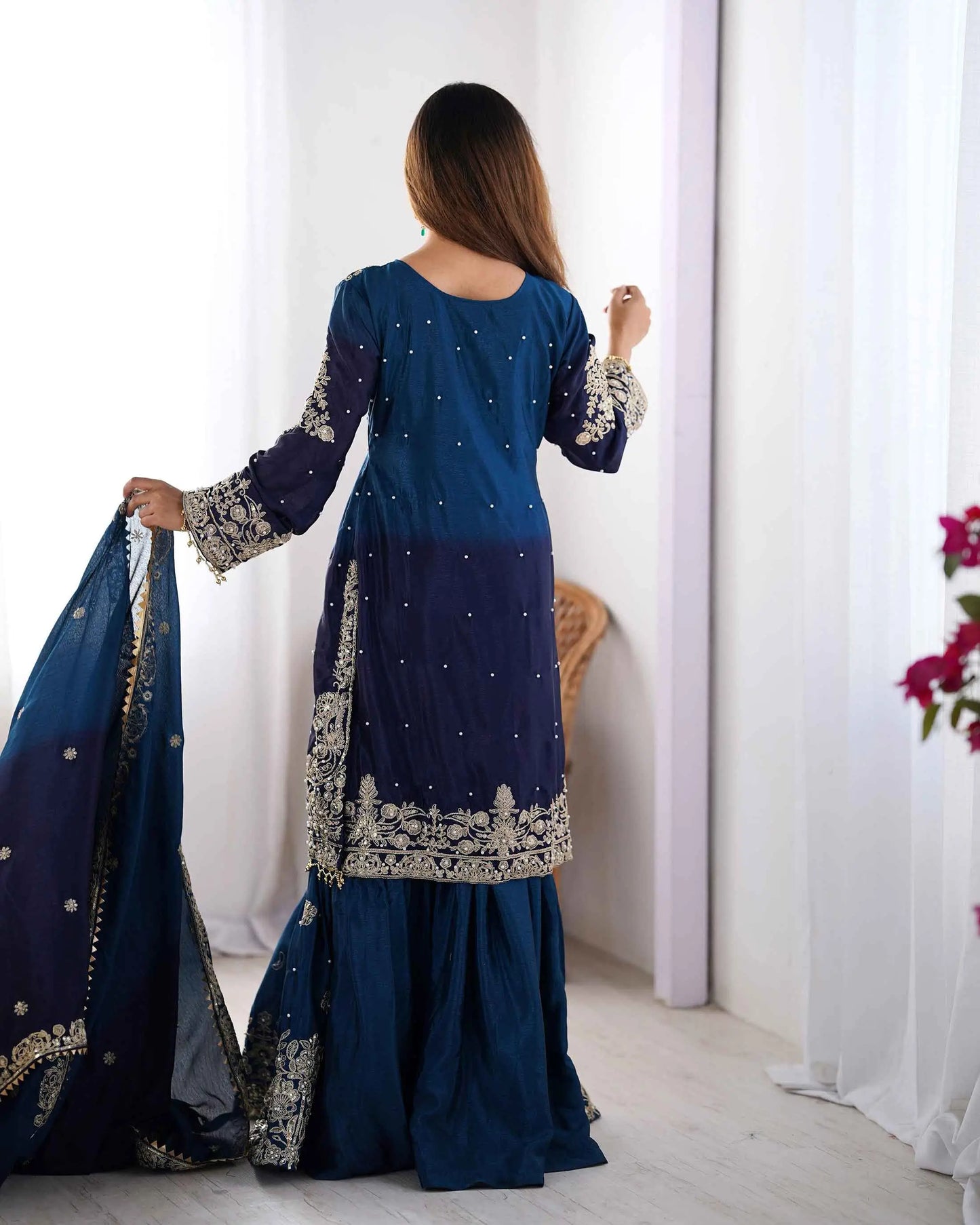 Navy Blue Cording Sequins Work With Rivet Moti Sharara Set With Dupatta