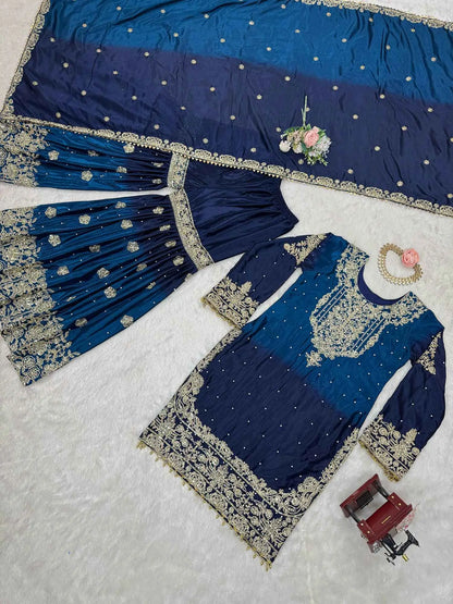 Navy Blue Cording Sequins Work With Rivet Moti Sharara Set With Dupatta
