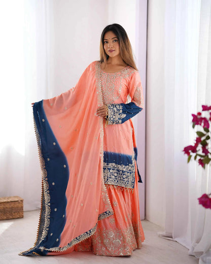 Peach Pink Cording Sequins Work With Rivet Moti Sharara Set With Dupatta