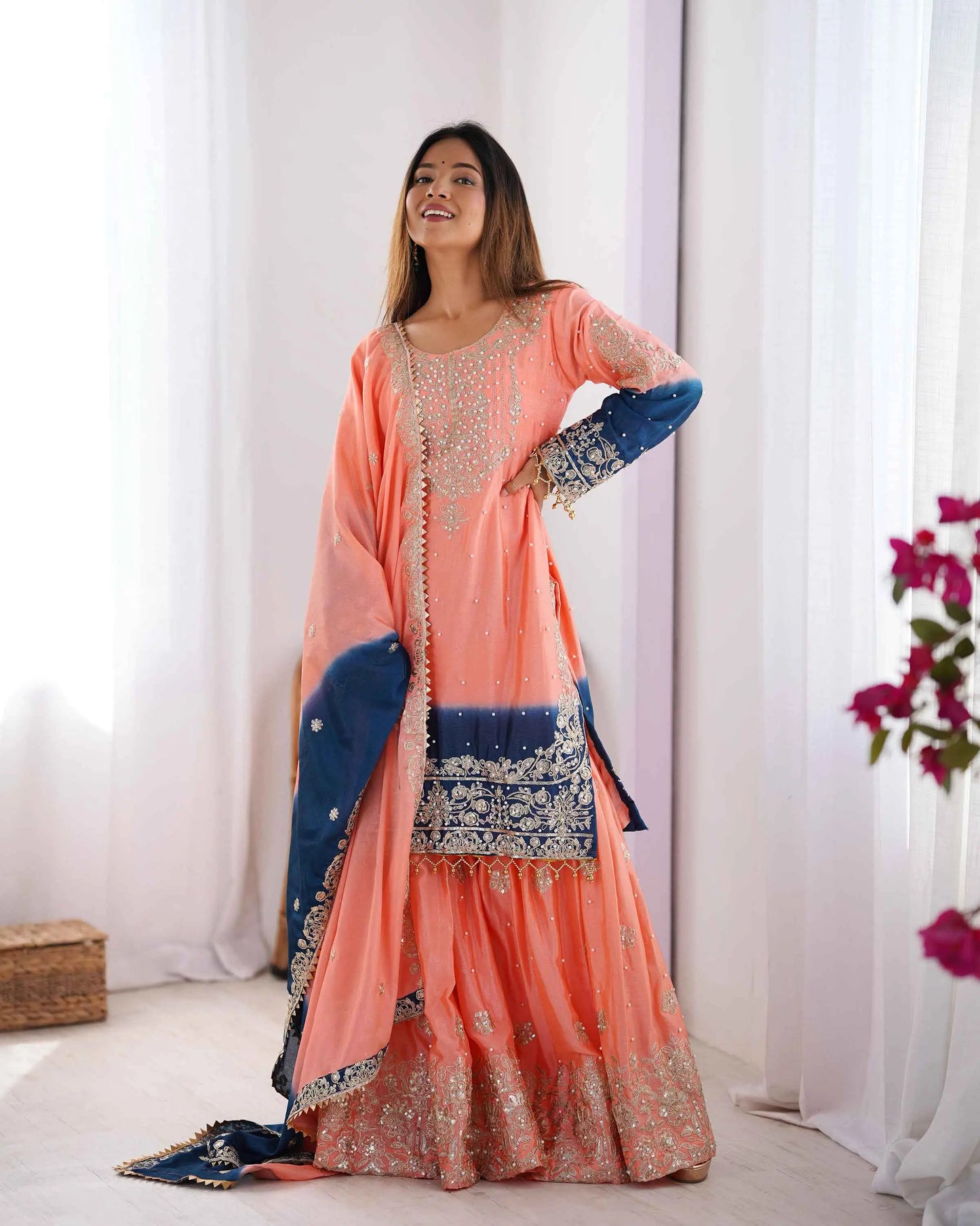 Peach Pink Cording Sequins Work With Rivet Moti Sharara Set With Dupatta