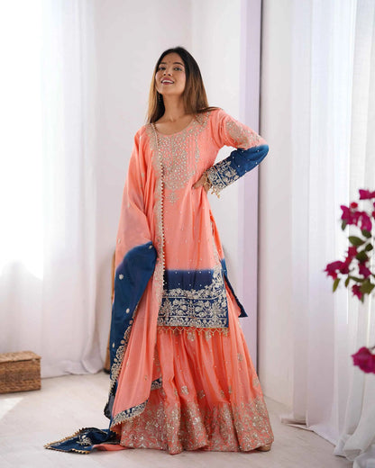 Peach Pink Cording Sequins Work With Rivet Moti Sharara Set With Dupatta