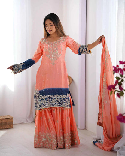 Peach Pink Cording Sequins Work With Rivet Moti Sharara Set With Dupatta