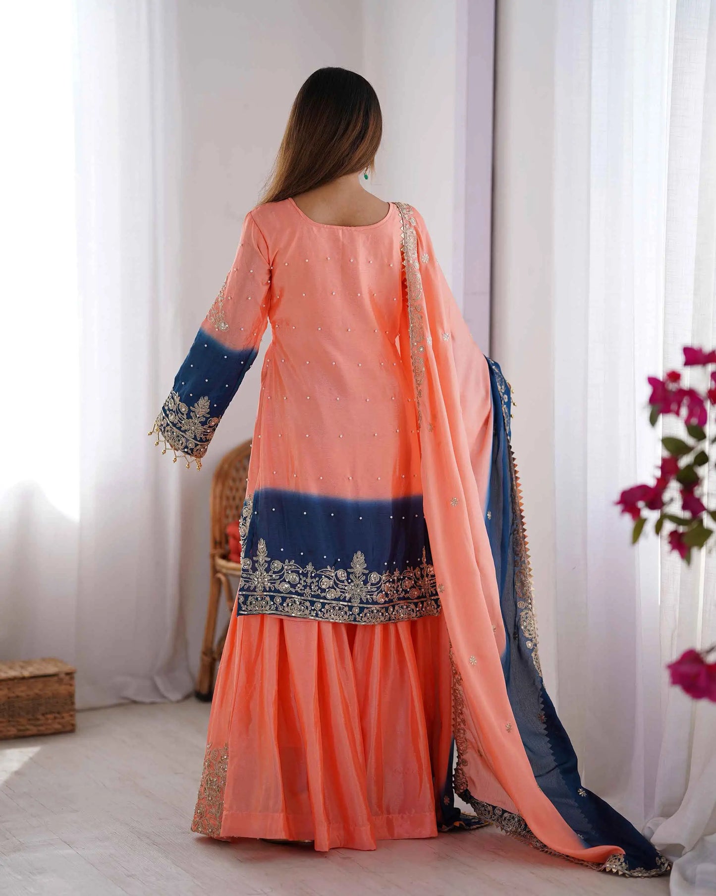 Peach Pink Cording Sequins Work With Rivet Moti Sharara Set With Dupatta