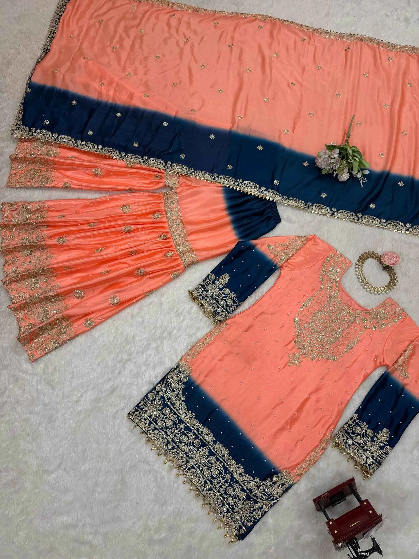 Peach Pink Cording Sequins Work With Rivet Moti Sharara Set With Dupatta
