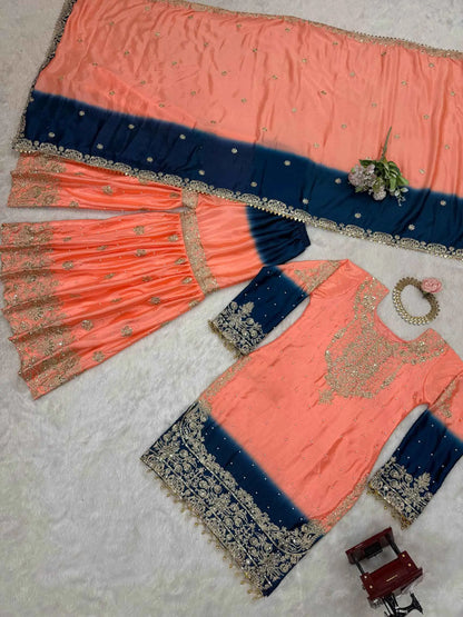 Peach Pink Cording Sequins Work With Rivet Moti Sharara Set With Dupatta