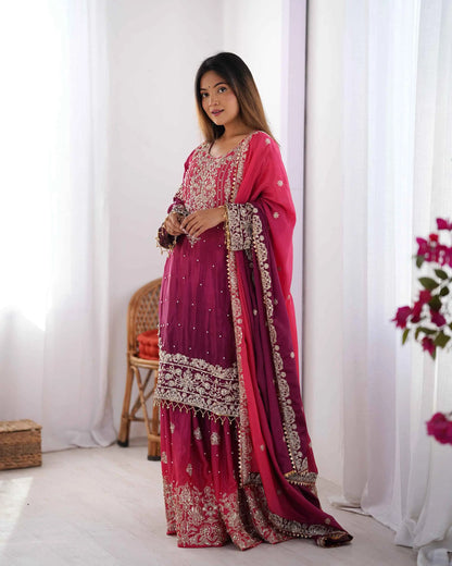 Wine Berry Cording Sequins Work With Rivet Moti Sharara Set With Dupatta