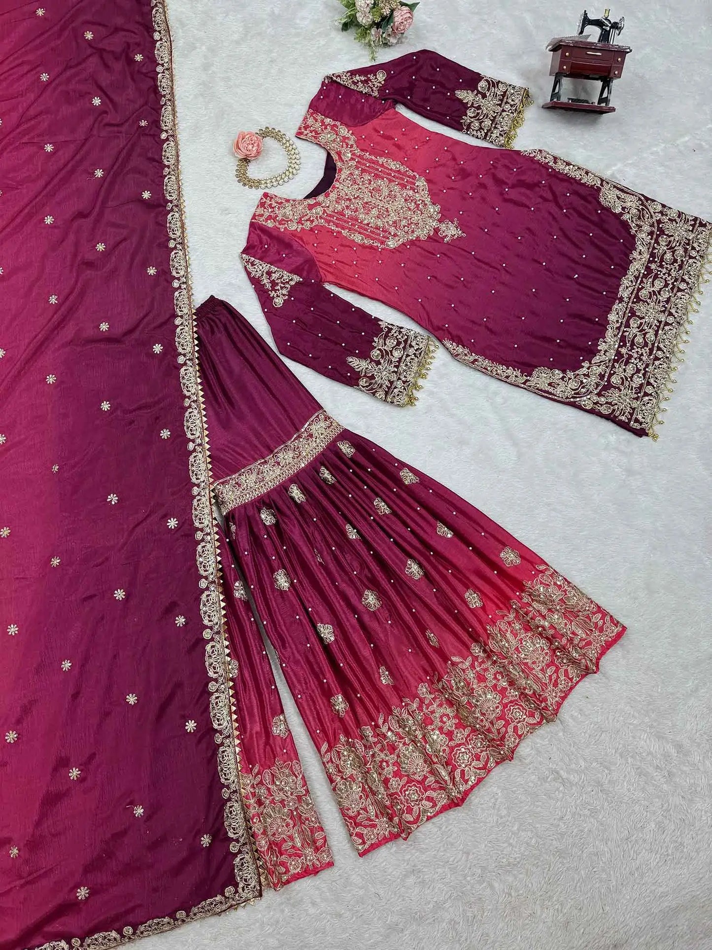 Wine Berry Cording Sequins Work With Rivet Moti Sharara Set With Dupatta