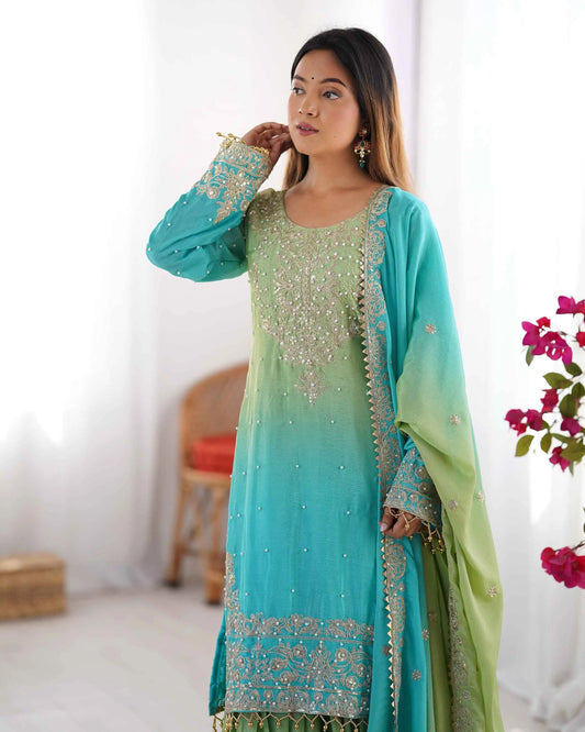 Sky Blue Cording Sequins Work With Rivet Moti Sharara Set With Dupatta