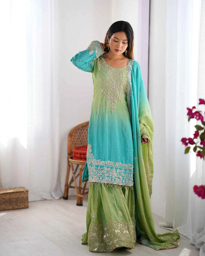 Sky Blue Cording Sequins Work With Rivet Moti Sharara Set With Dupatta