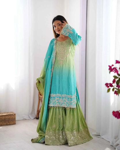 Sky Blue Cording Sequins Work With Rivet Moti Sharara Set With Dupatta