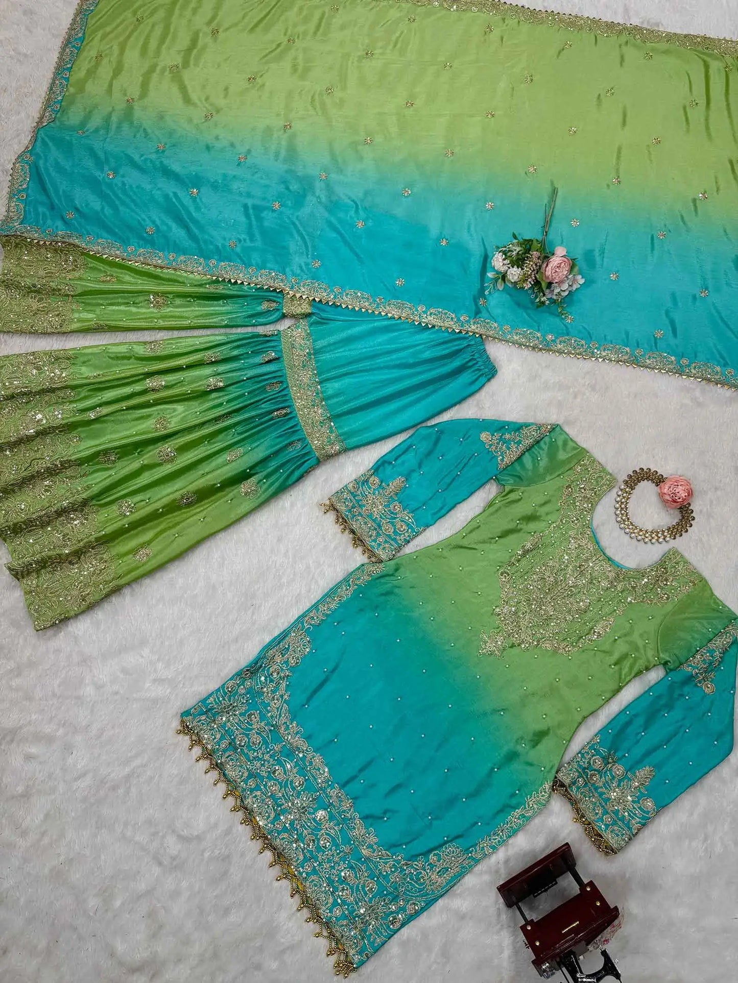 Sky Blue Cording Sequins Work With Rivet Moti Sharara Set With Dupatta