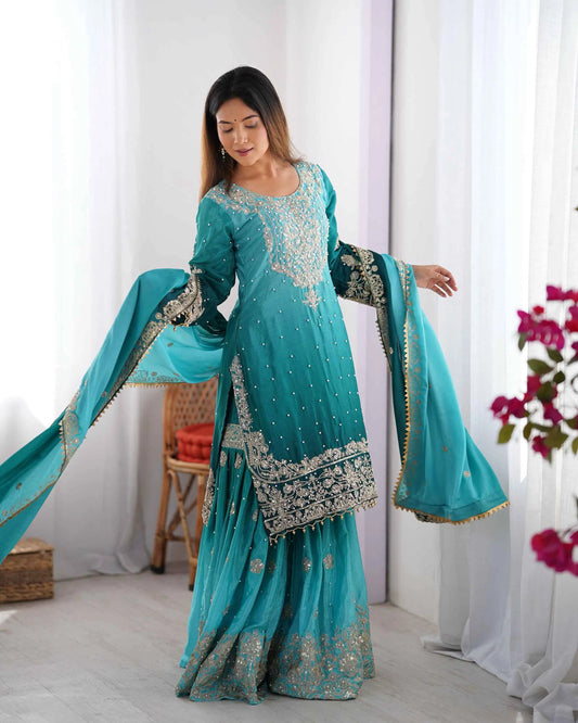 Teal Blue Cording Sequins Work With Rivet Moti Sharara Set With Dupatta
