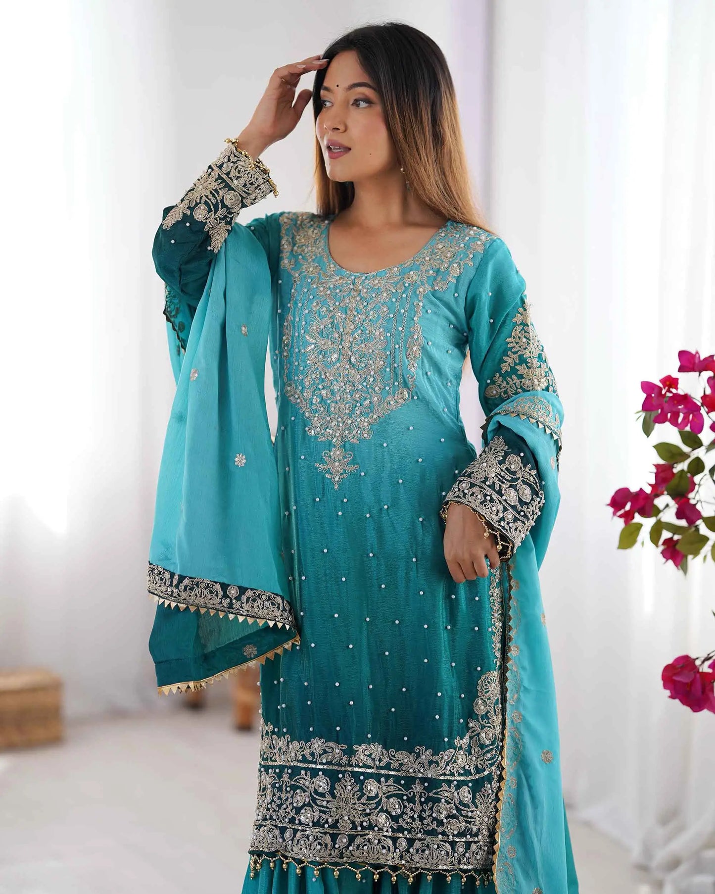 Teal Blue Cording Sequins Work With Rivet Moti Sharara Set With Dupatta