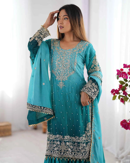 Teal Blue Cording Sequins Work With Rivet Moti Sharara Set With Dupatta
