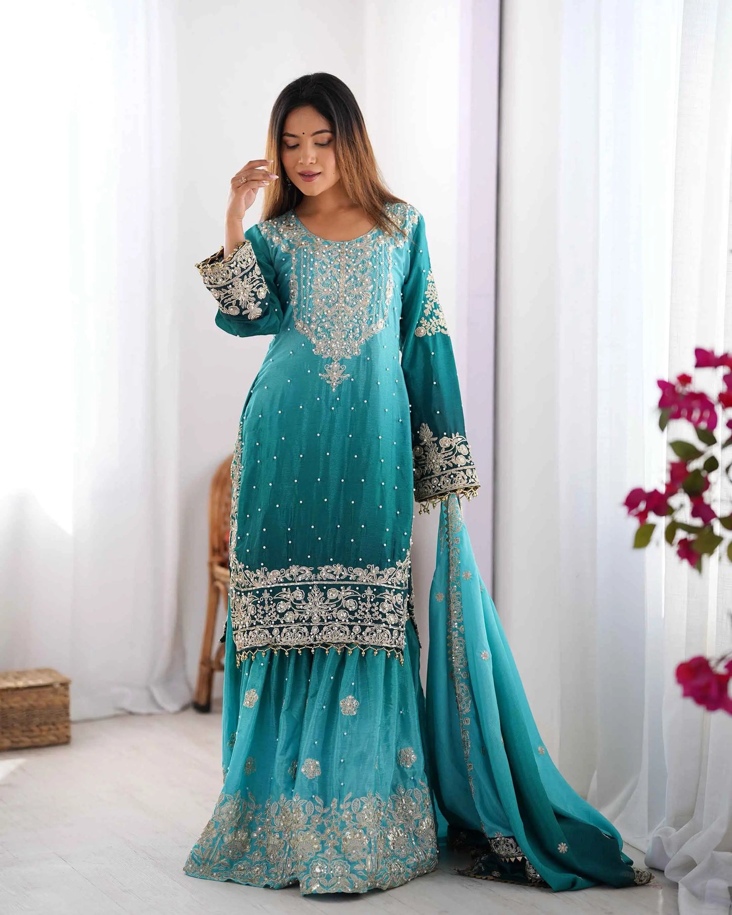Teal Blue Cording Sequins Work With Rivet Moti Sharara Set With Dupatta